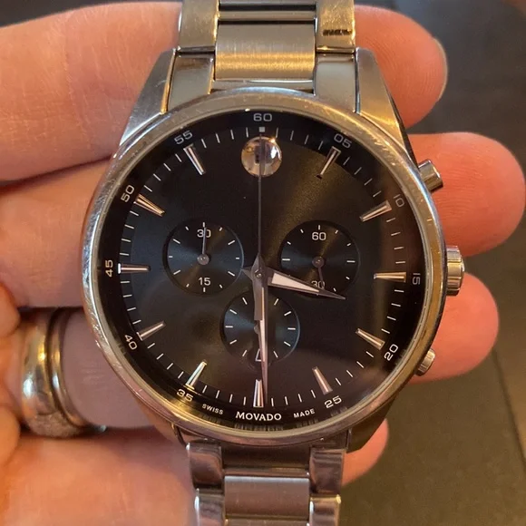 Mens Movado Watch, silver band black face. - Picture 1 of 10